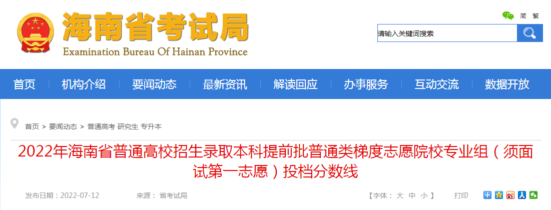 2022年海南省普通高校招生录取本科提前批普通类梯度志愿院校专业组（须面试第一志愿）投档分数线