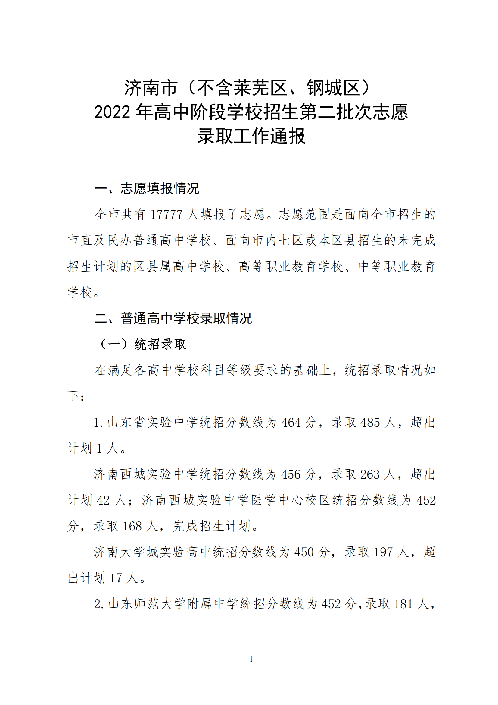 山东济南2022年高中阶段学校招生第二批次志愿录取情况通报