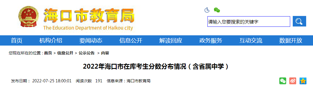 2022年海南海口市在库考生分数分布情况（含省属中学）