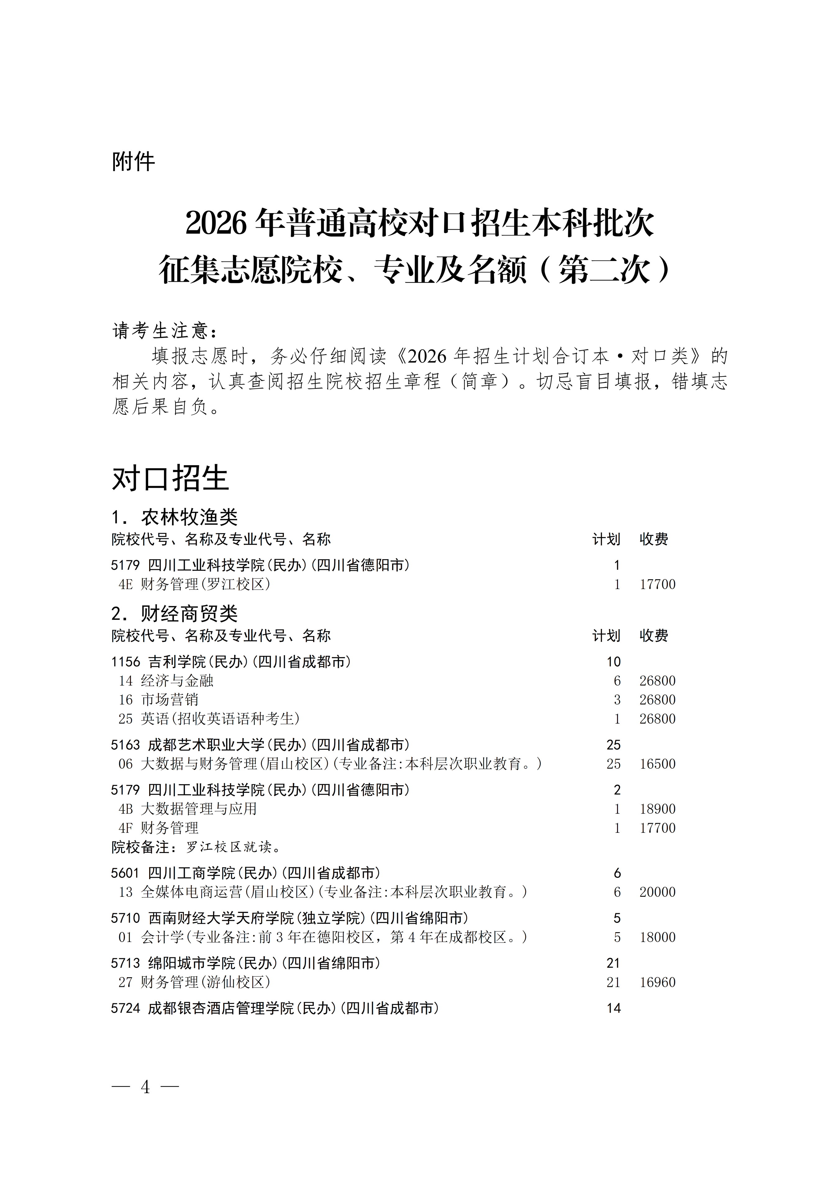 四川：关于普通高校对口招生本科批次第二次征集志愿的通知 第4页