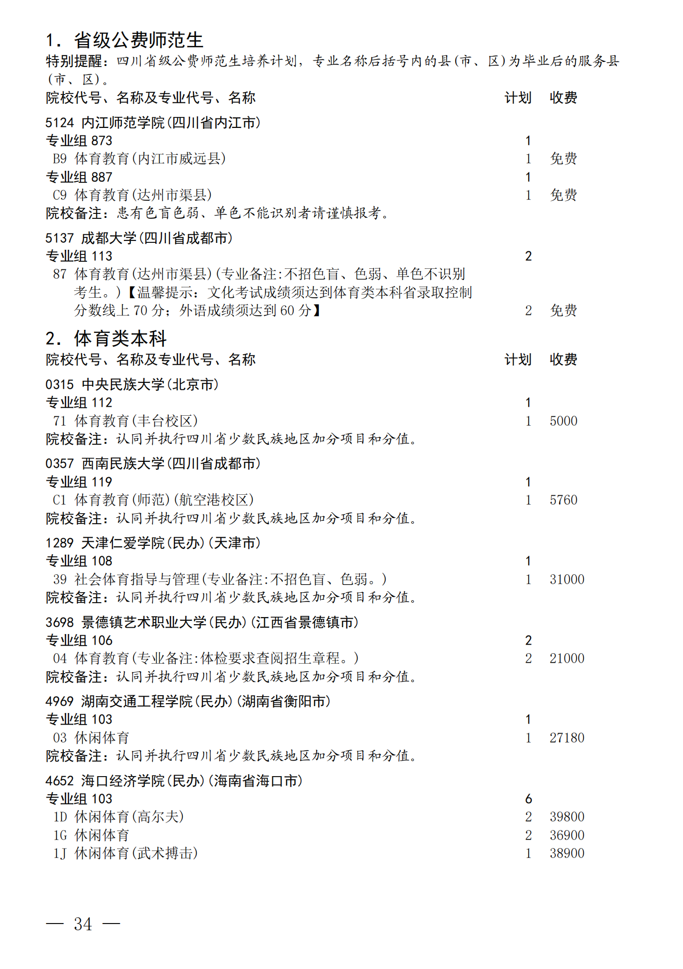 四川：关于我省2026年艺术体育（含对口文化 艺术）类本科批次未完成计划院校 第一次征集志愿的通知 第34页