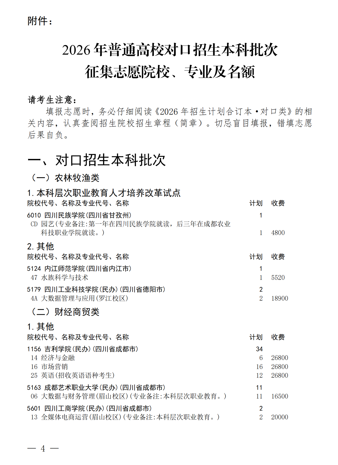 四川：关于普通高校对口招生本科批次征集志愿的通知 第4页